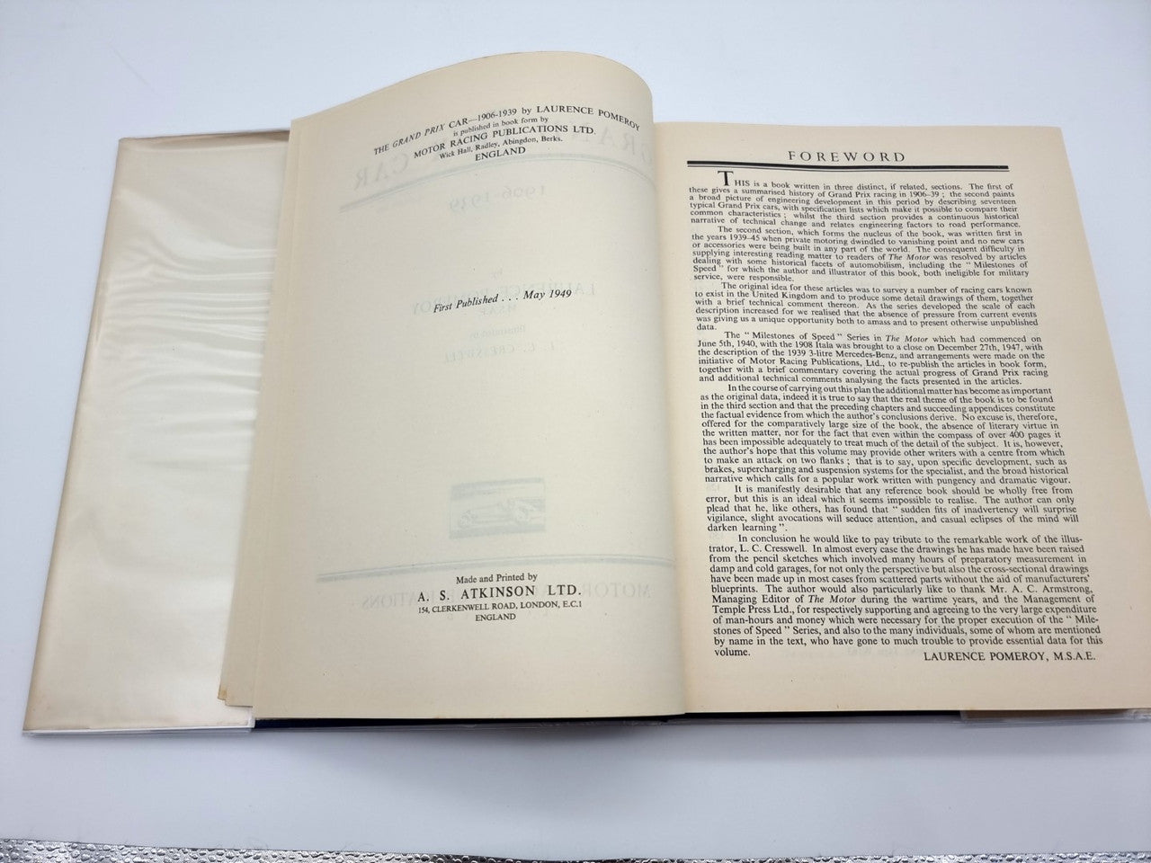 The Grand Prix Car 1906 - 1939 (Laurence Pomeroy, 1949, 1st Edition)