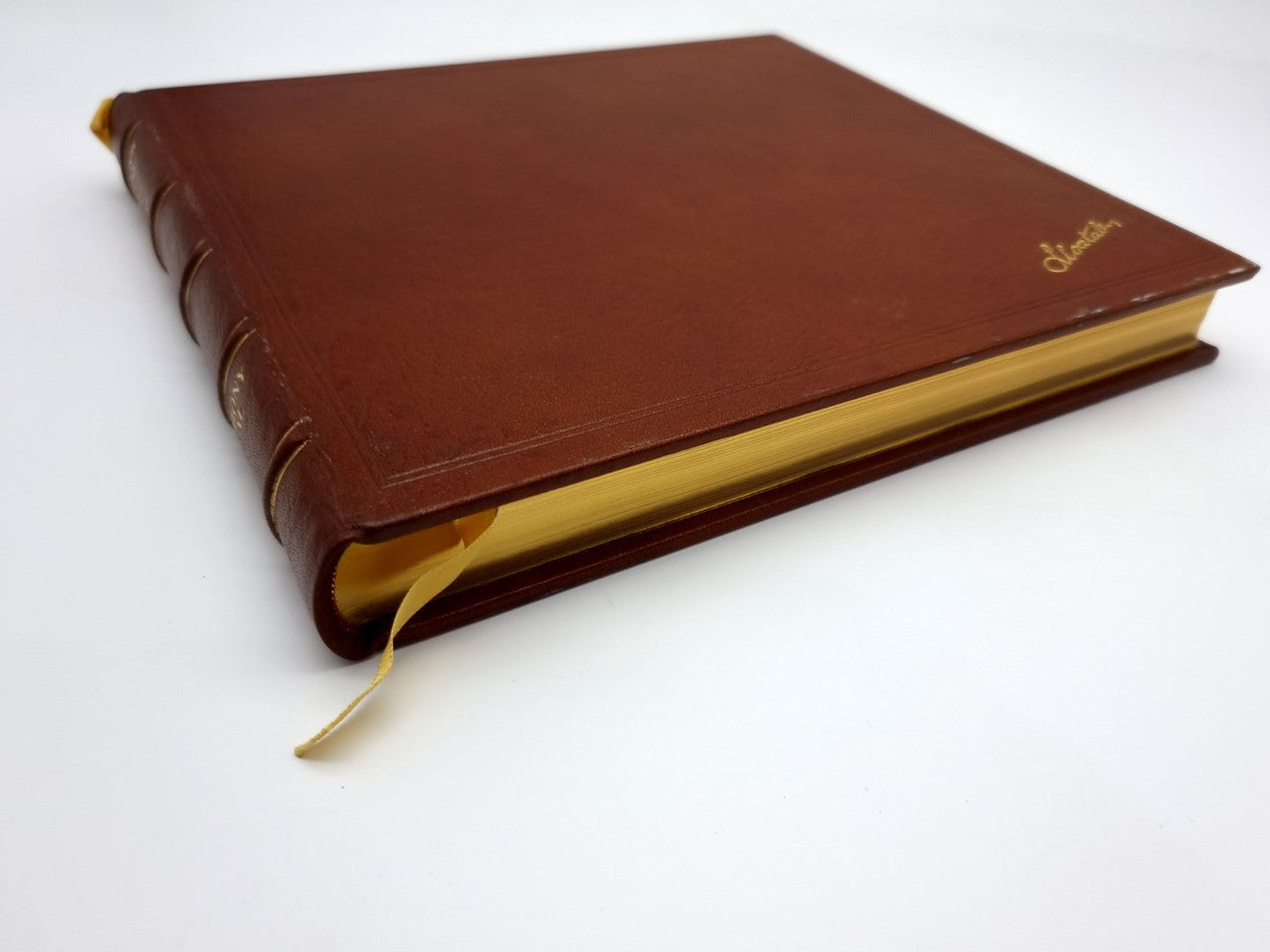 Brown leatherbound book with gold spine detailing, book closed