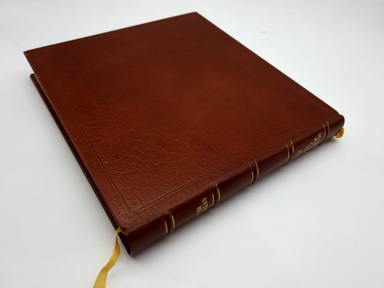 Brown leatherbound book with textured cover and gold spine bands, angled view