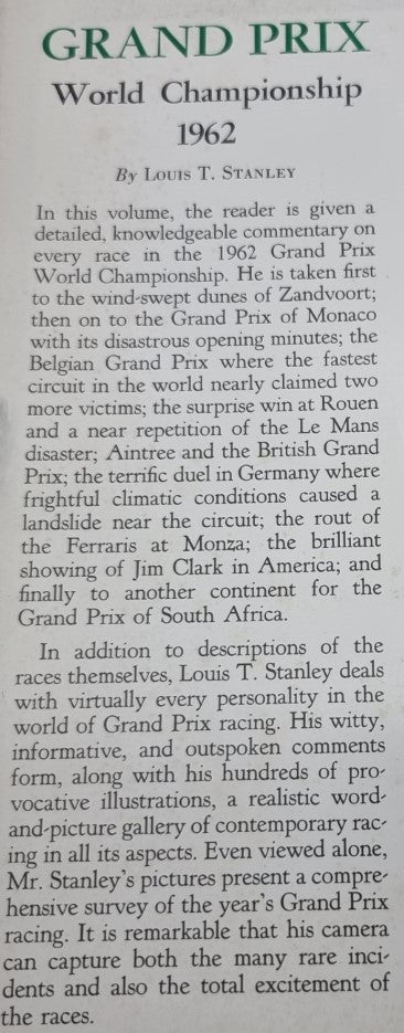 Vintage Grand Prix World Championship 1962 book title page by Louis T. Stanley