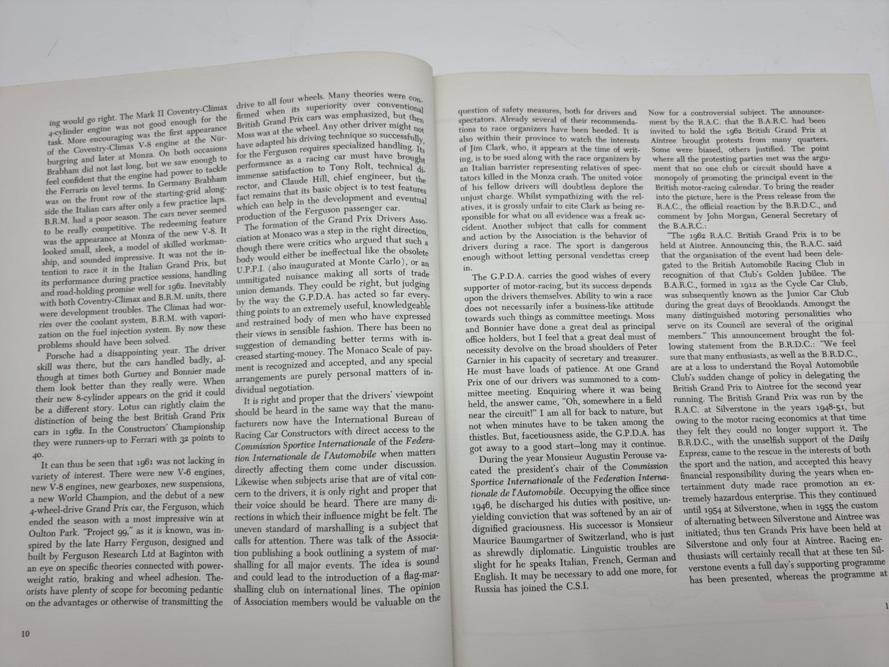 Grand Prix World Championship 1961 book open to dense paragraphs of text