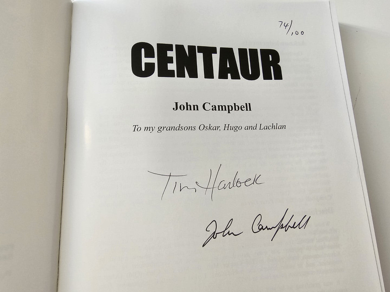 Signed title page of Centaur book with John Campbell name and handwritten signatures