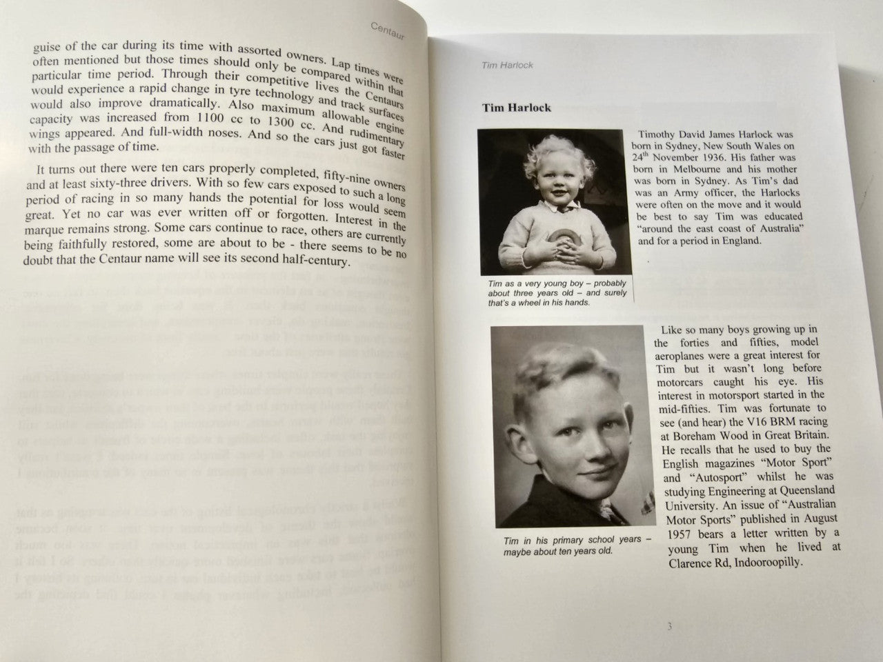 Author biography spread with vintage photos and printed captions
