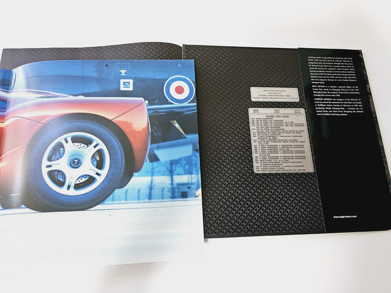 Open book spread with a close-up wheel photo and a copyright page