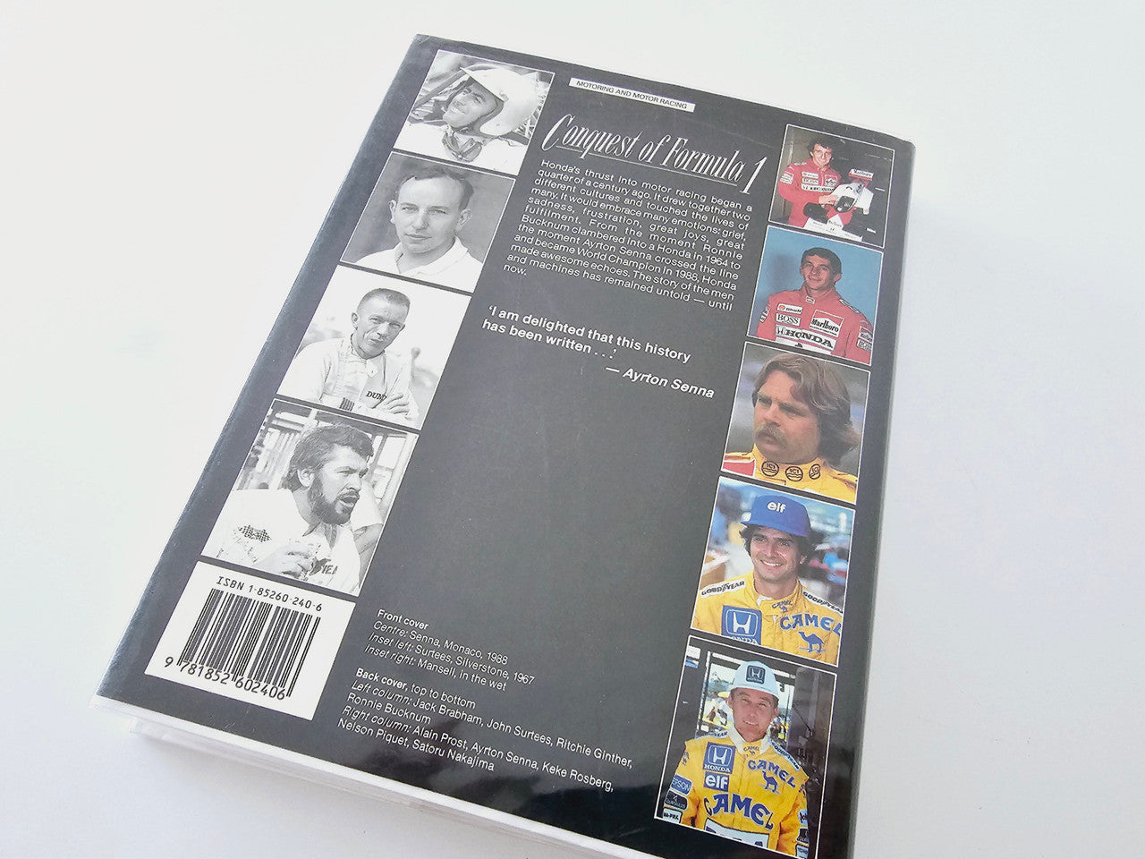 Book back cover with photo collage, quote, and barcode area