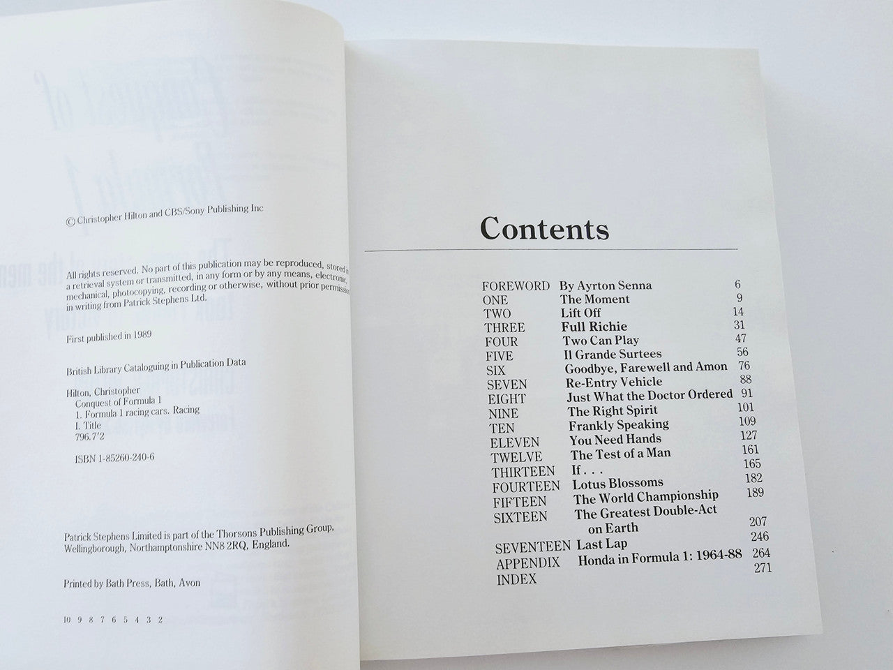 Open book on a contents page listing chapters and page numbers