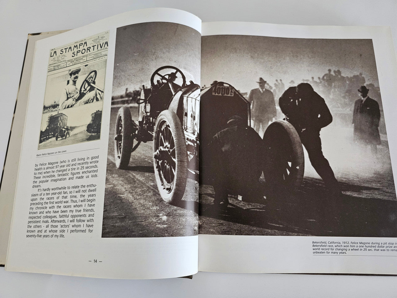 Enzo Ferrari pilots book, open spread with vintage race car and driver portrait