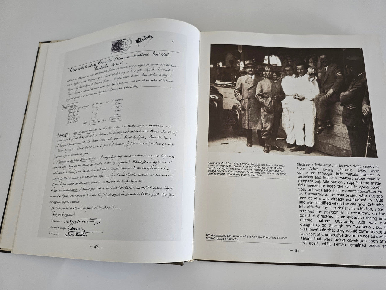 Ferrari racing book open pages with typed text on the left and group photo on the right.