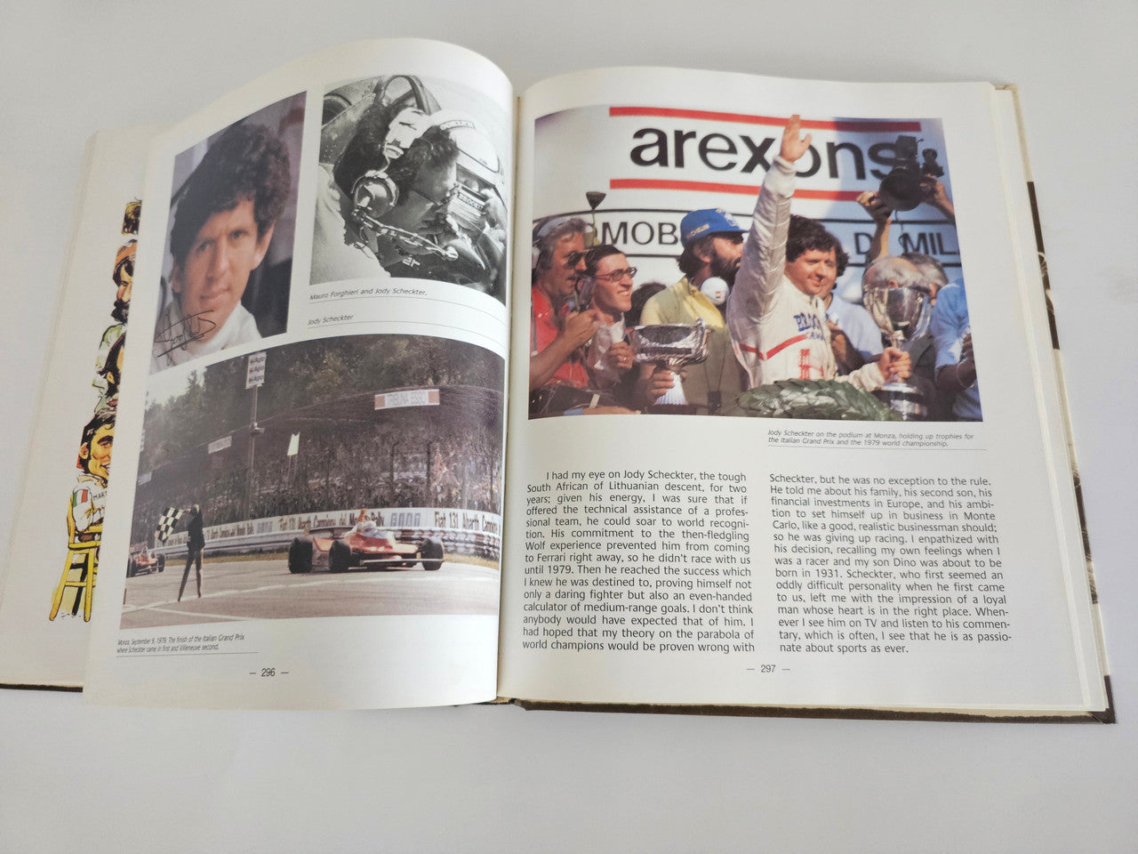 Ferrari racing book open pages with “arexons” headline and photos of racers.