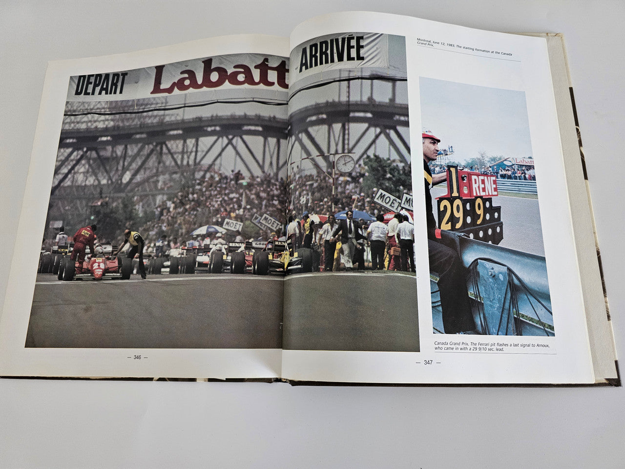 Enzo Ferrari pilots book, open spread with motorsport crowd and race cars