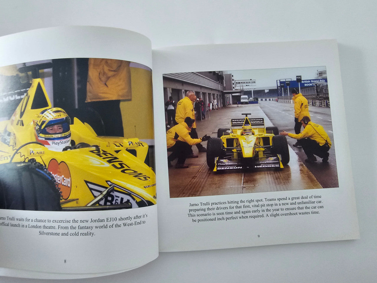 Open book spread with yellow race car photo on left and pit lane photo on right
