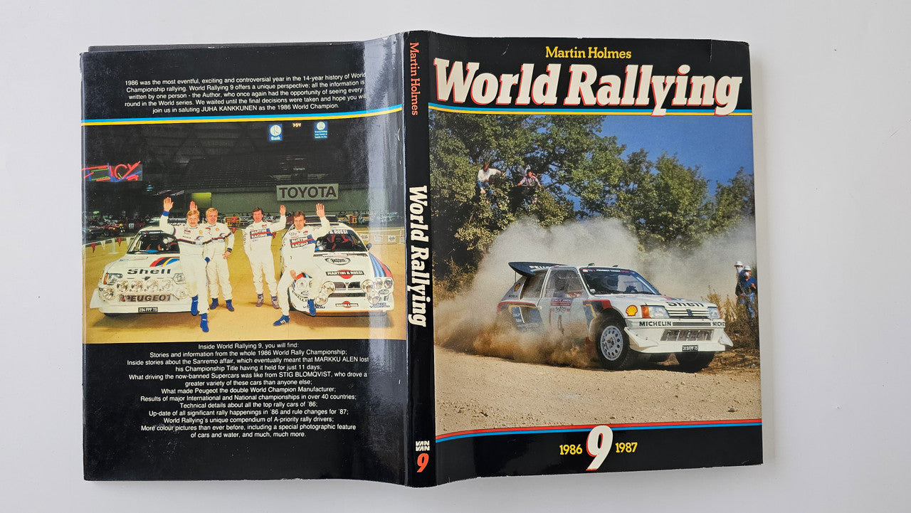 Rallying book open showing cover art on right and dense text on the left page