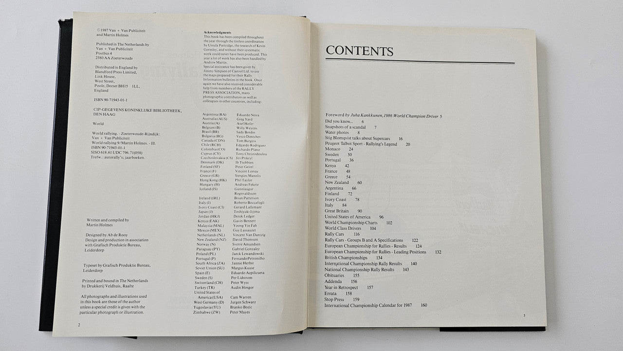 Rallying book open to “Contents” page with headings and page numbers