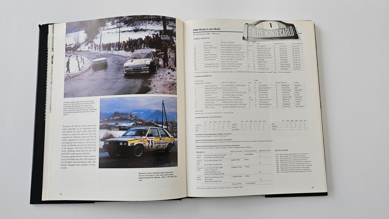 Rallying book open to rally photos and a results table on the right page