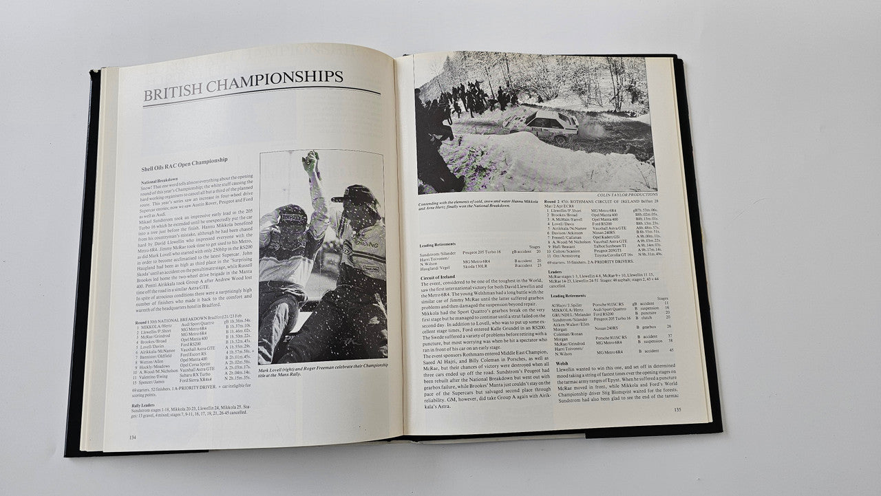 Open rallying book with British Championships text page and black-and-white race photos