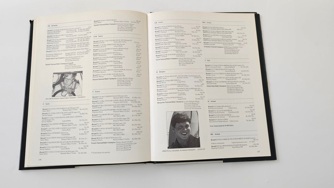Rallying book open to reference pages with dense lists and a small black-and-white photo