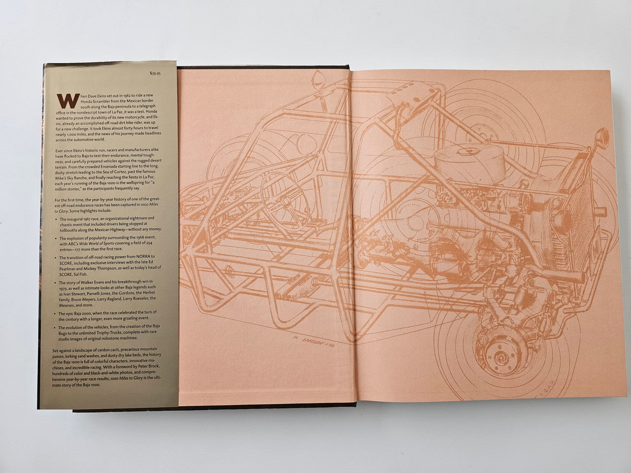 Open book with sepia map/diagram spread and left-side text