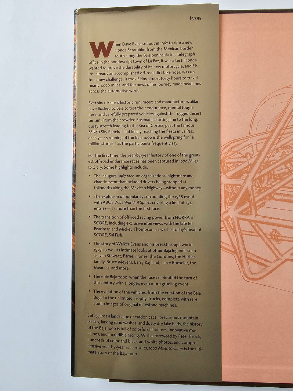 Opened book showing a vertical text page with small headings and a peach map page.