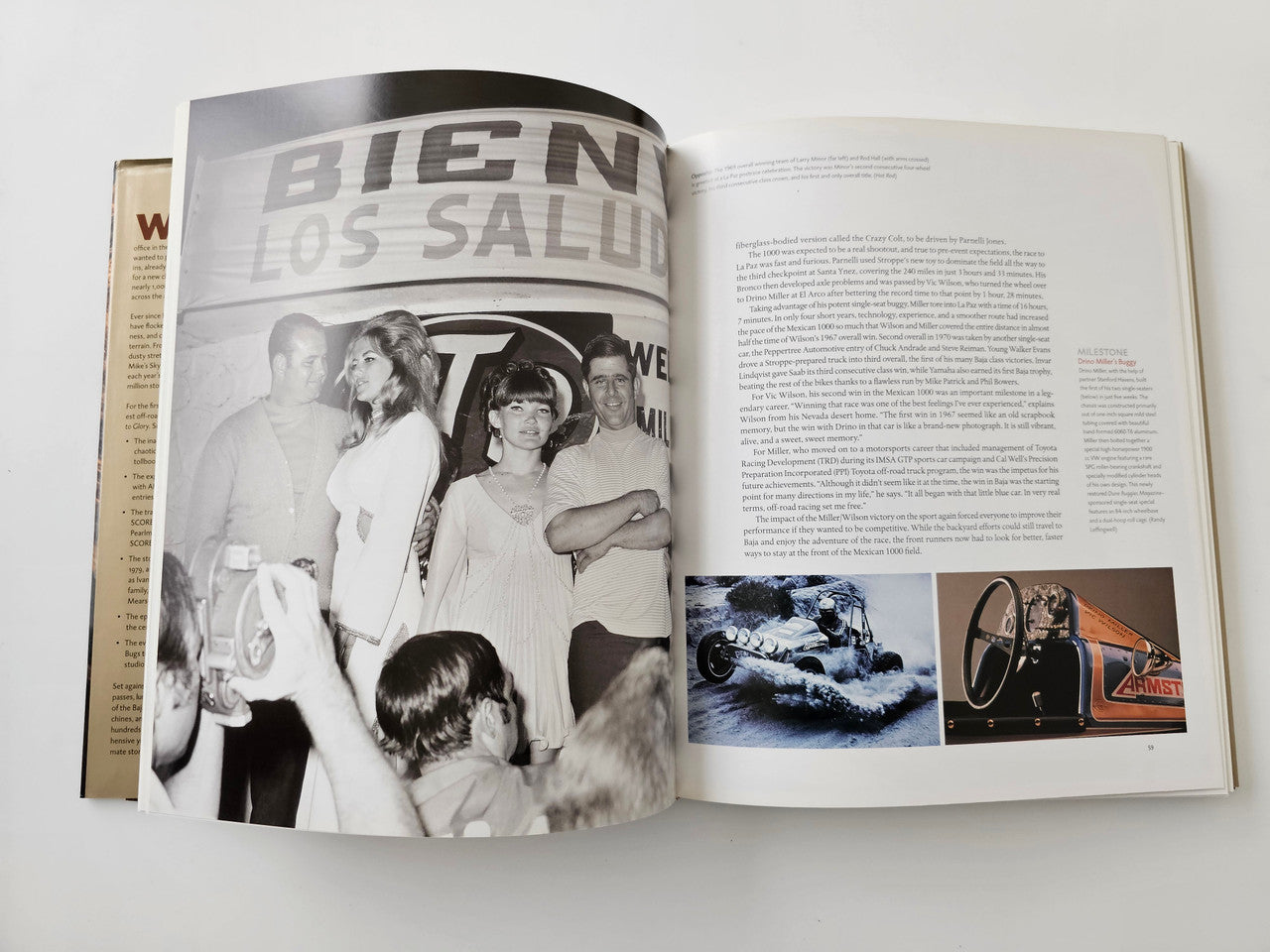 Opened book spread with black-and-white race photos on the left and text on the right.