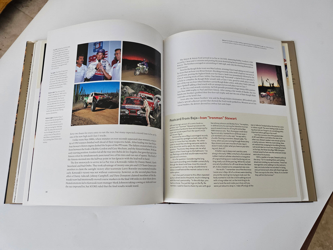Open book pages with photos and dense text layout