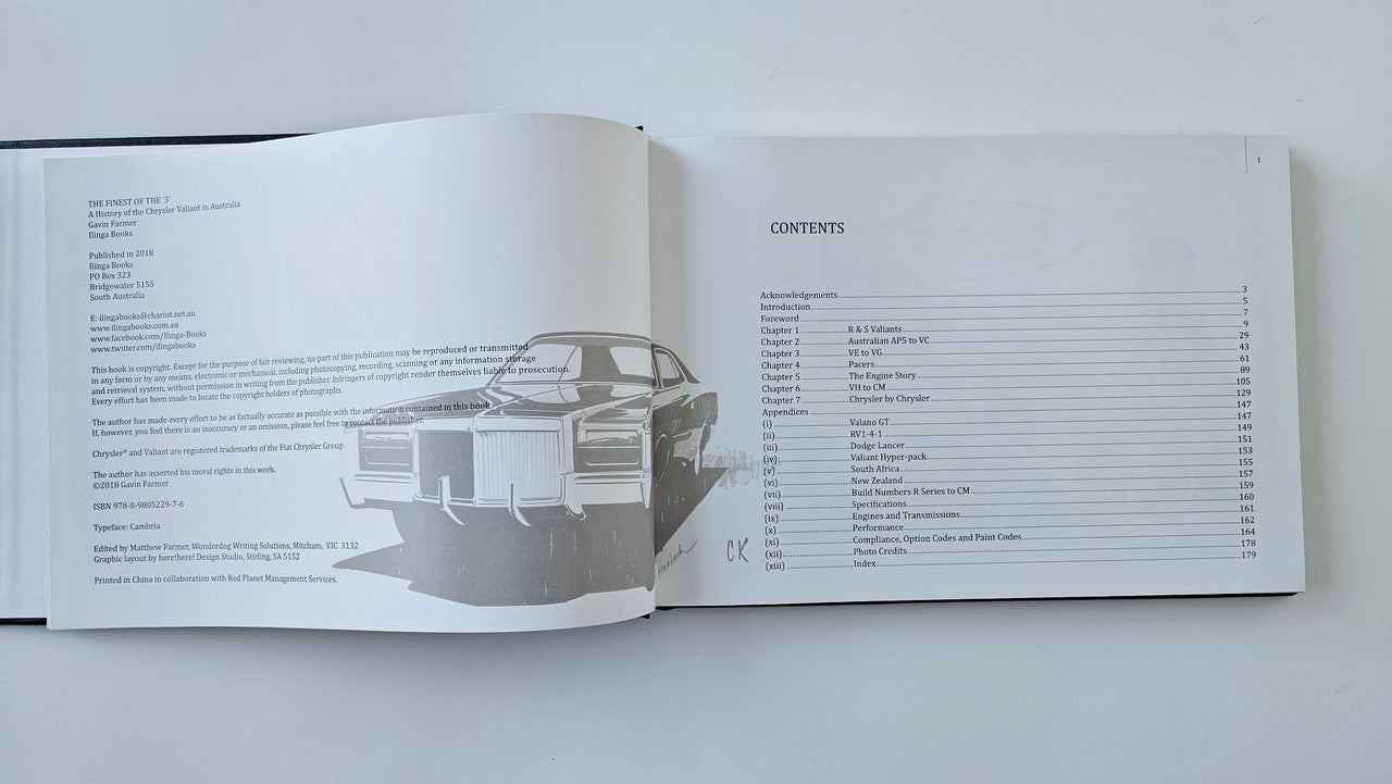 Open book spread with a car illustration on left and contents list on right