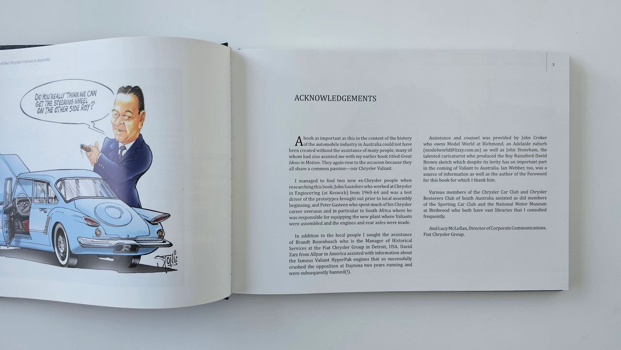 Open book spread with car artwork and “Acknowledgements” text on right