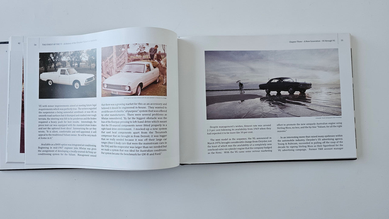 Open book spread with multiple car photos and text on both pages