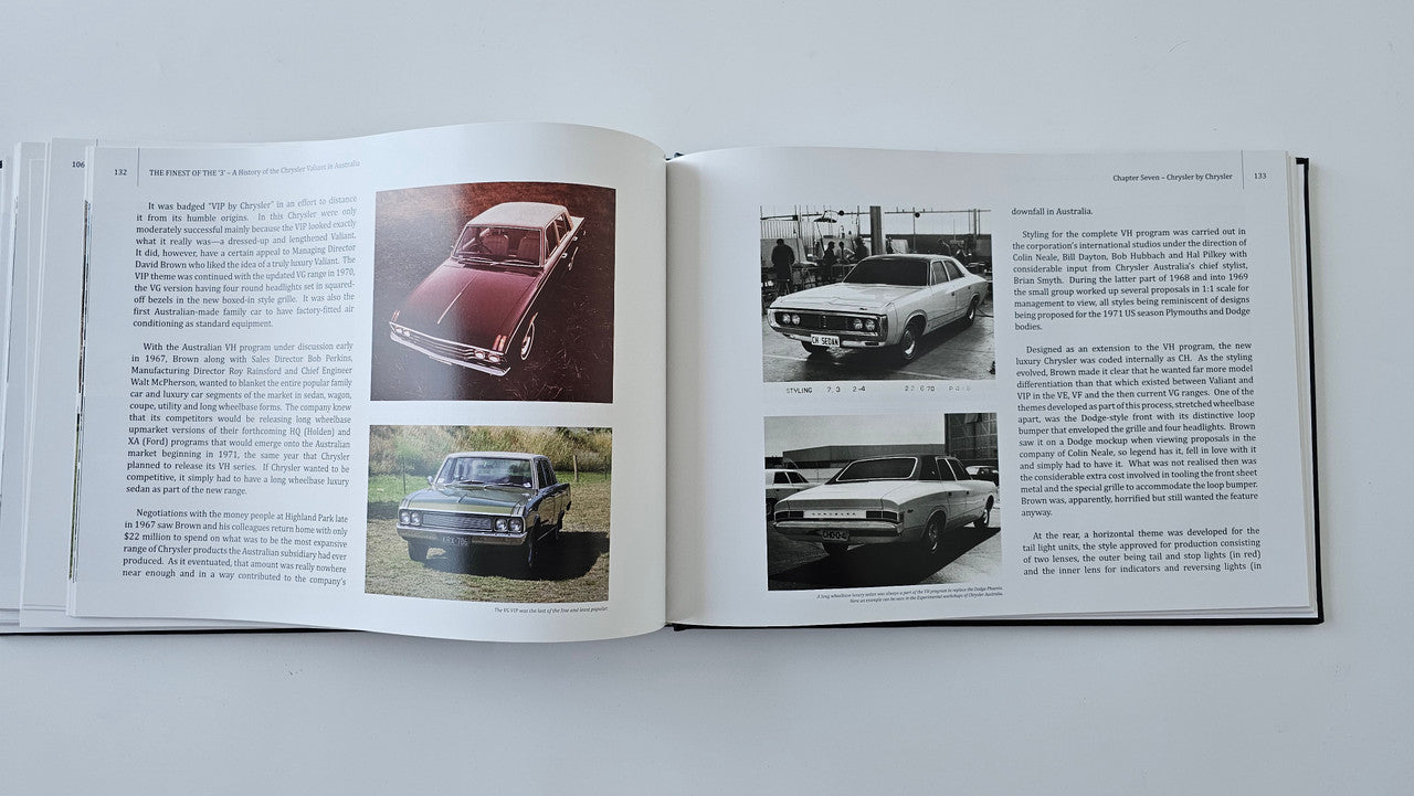 Open book spread with several car photos and descriptive text on both pages