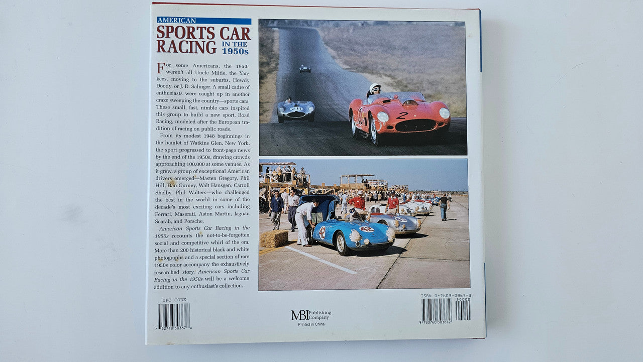 Sports car racing book with photo collage, yellow title area, and barcode on cover