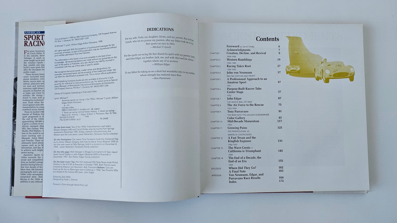 Open sports car racing book with table of contents and a map illustration