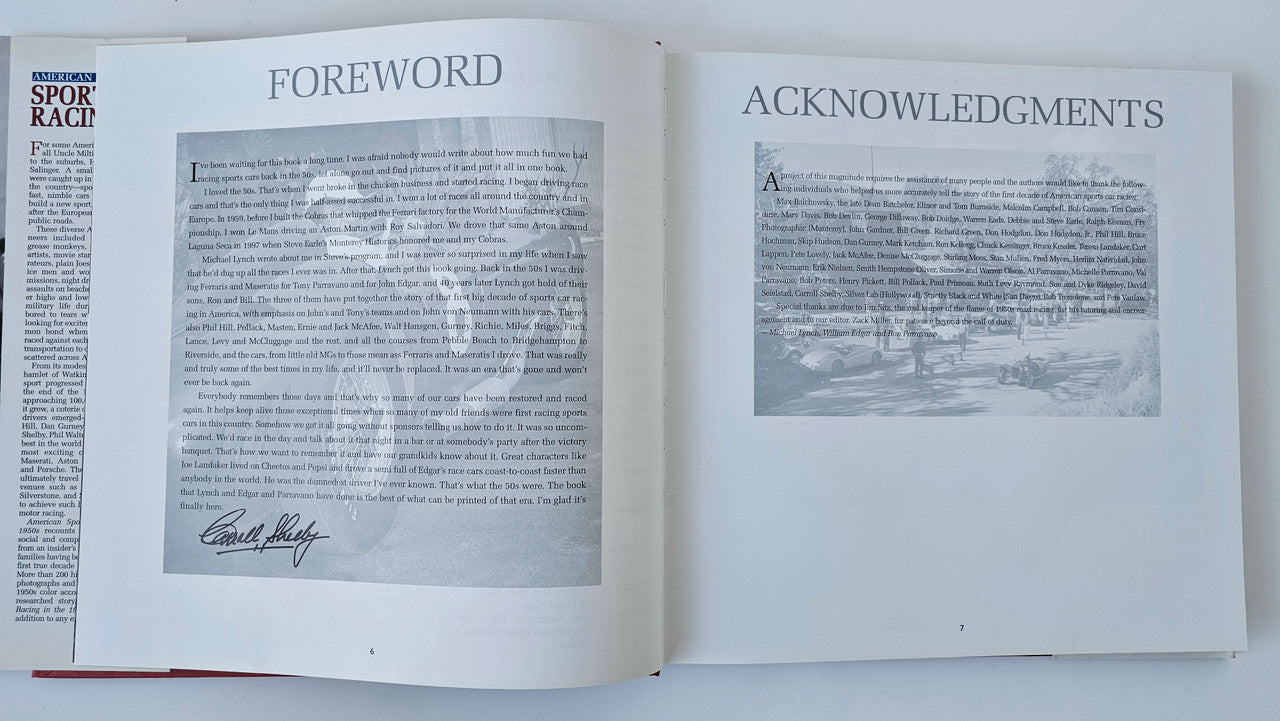 Open sports car racing book with "FOREWORD" and "ACKNOWLEDGMENTS" pages