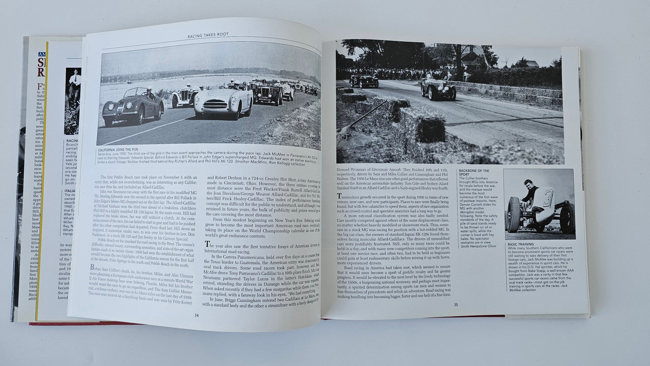 Open book with black-and-white racing photos and paragraphs of text on both pages