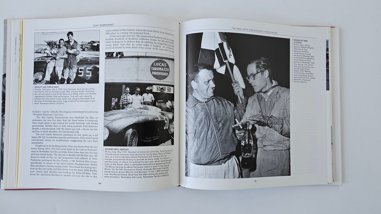 Open sports car racing book with black-and-white photos of drivers and race cars