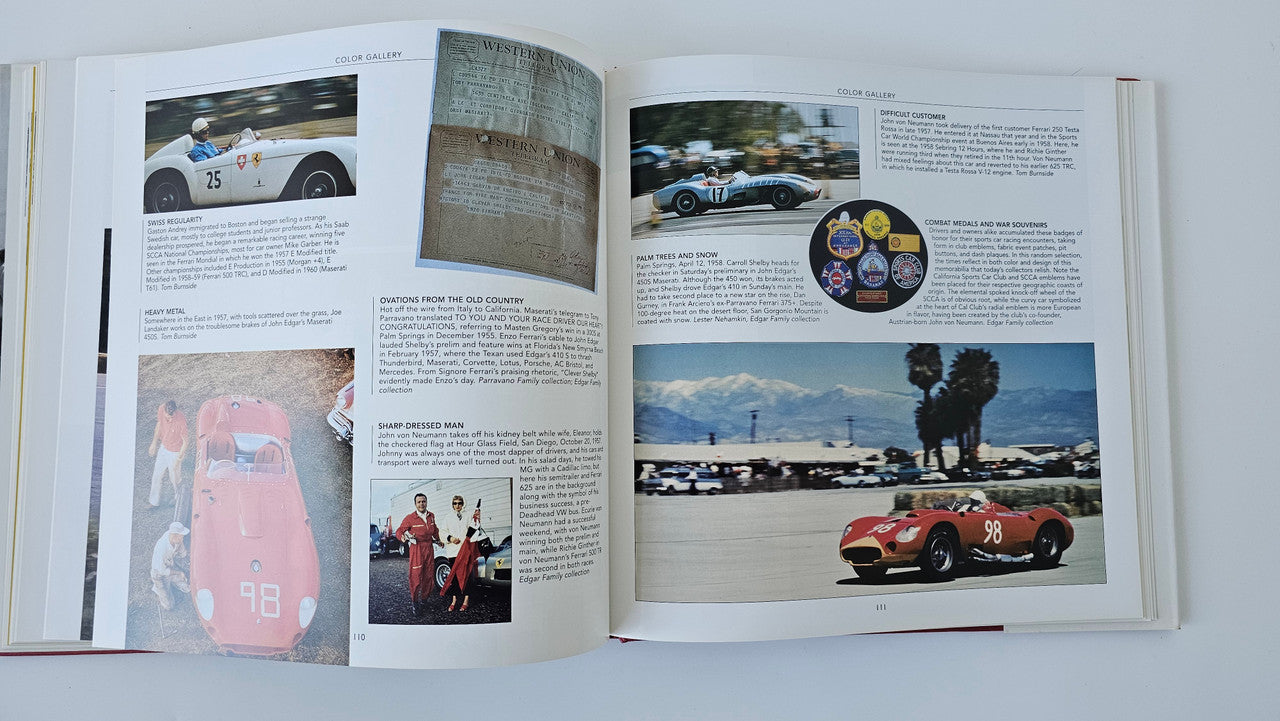 Open sports car racing book with car photos, chapter pages, and a circular color guide