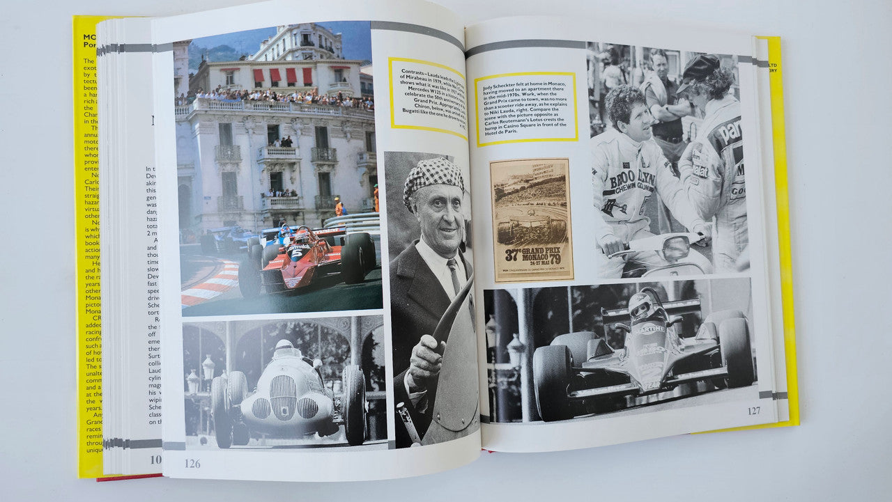 Photo book open to collage pages with race car and man portrait photos