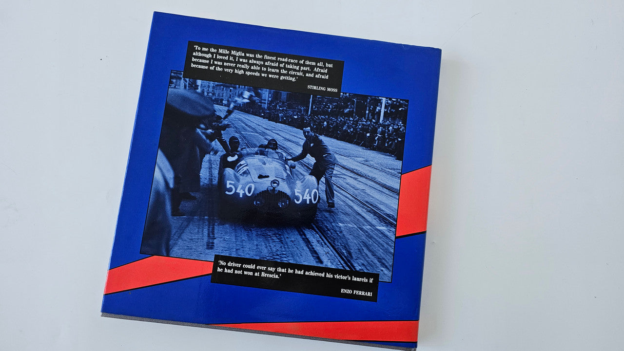 Mille Miglia book-style booklet cover with race photo and dark headline box