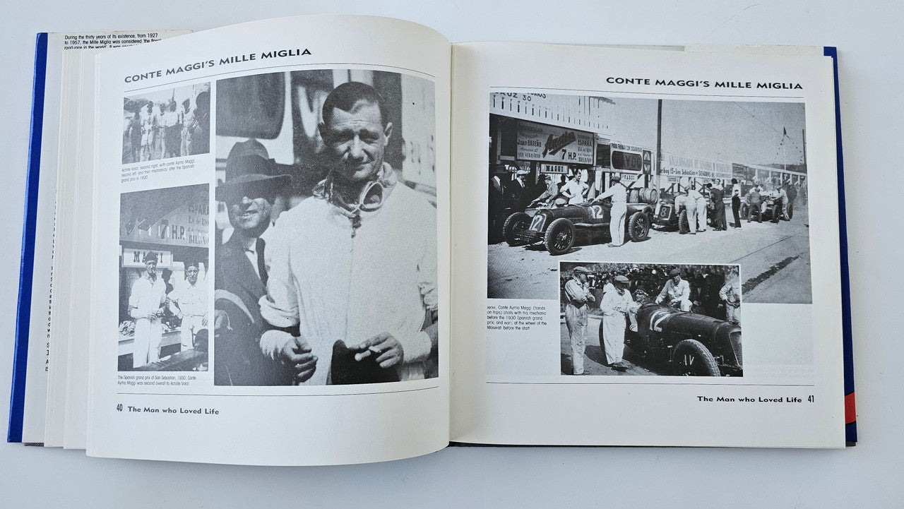 Open book spread with black-and-white portraits, car photos, and article text
