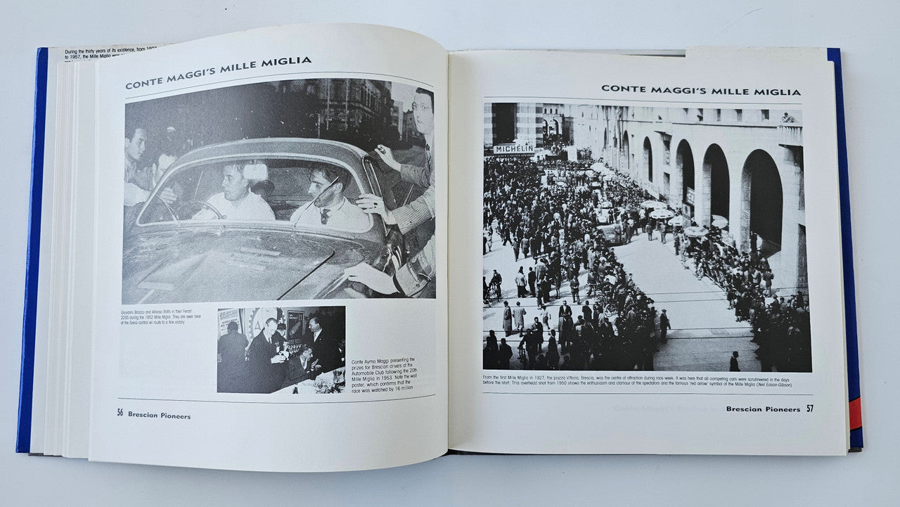 Open hardcover racing book showing two black-and-white photo spreads with captions