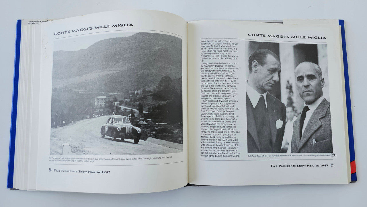 Open book with black-and-white Mille Miglia photos and biographical captions