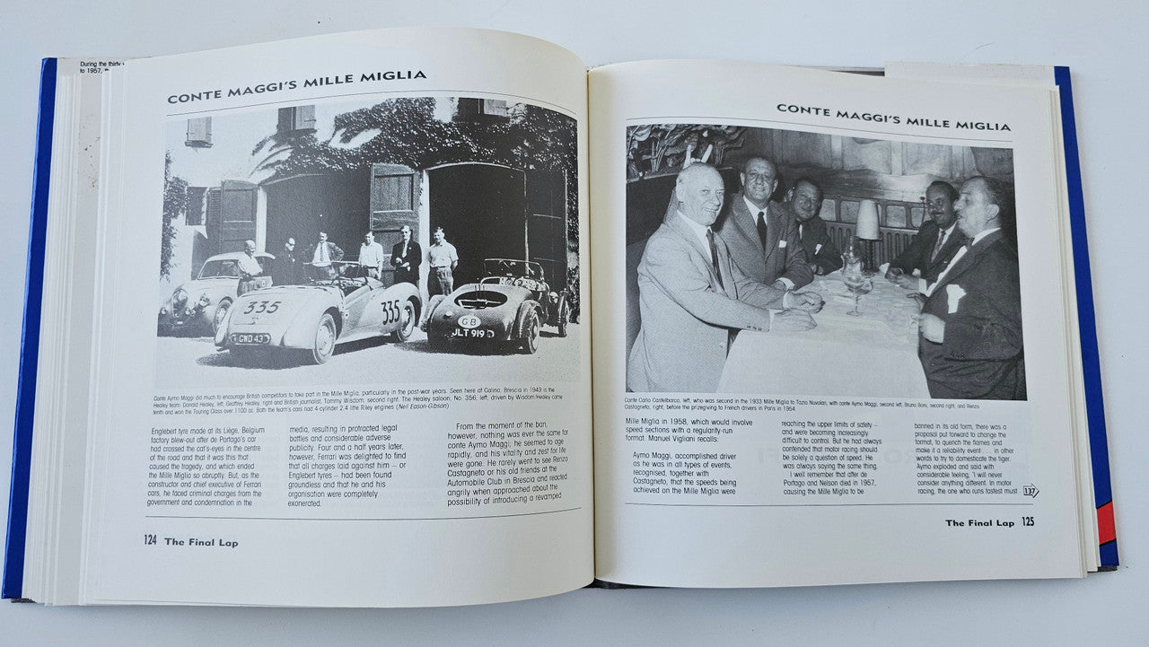 Open book spread with black-and-white car photos and men in suits captioned