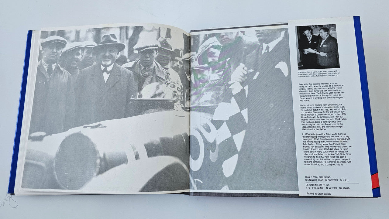 Open hardcover racing book with black-and-white photo pages and body text
