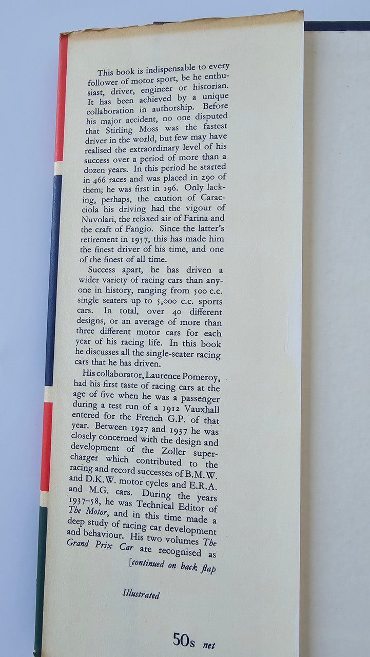 Signed racing car design book, open page of text with red top border