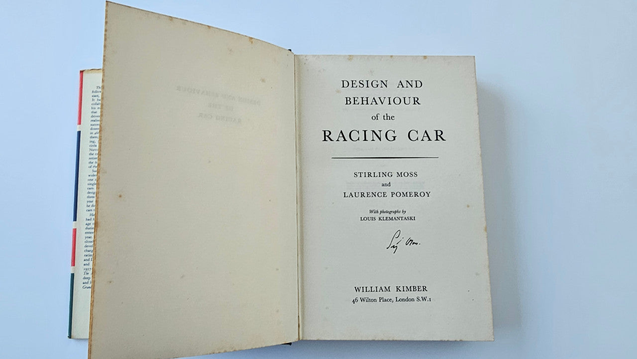 Signed racing car design book, open front matter with title page and signature