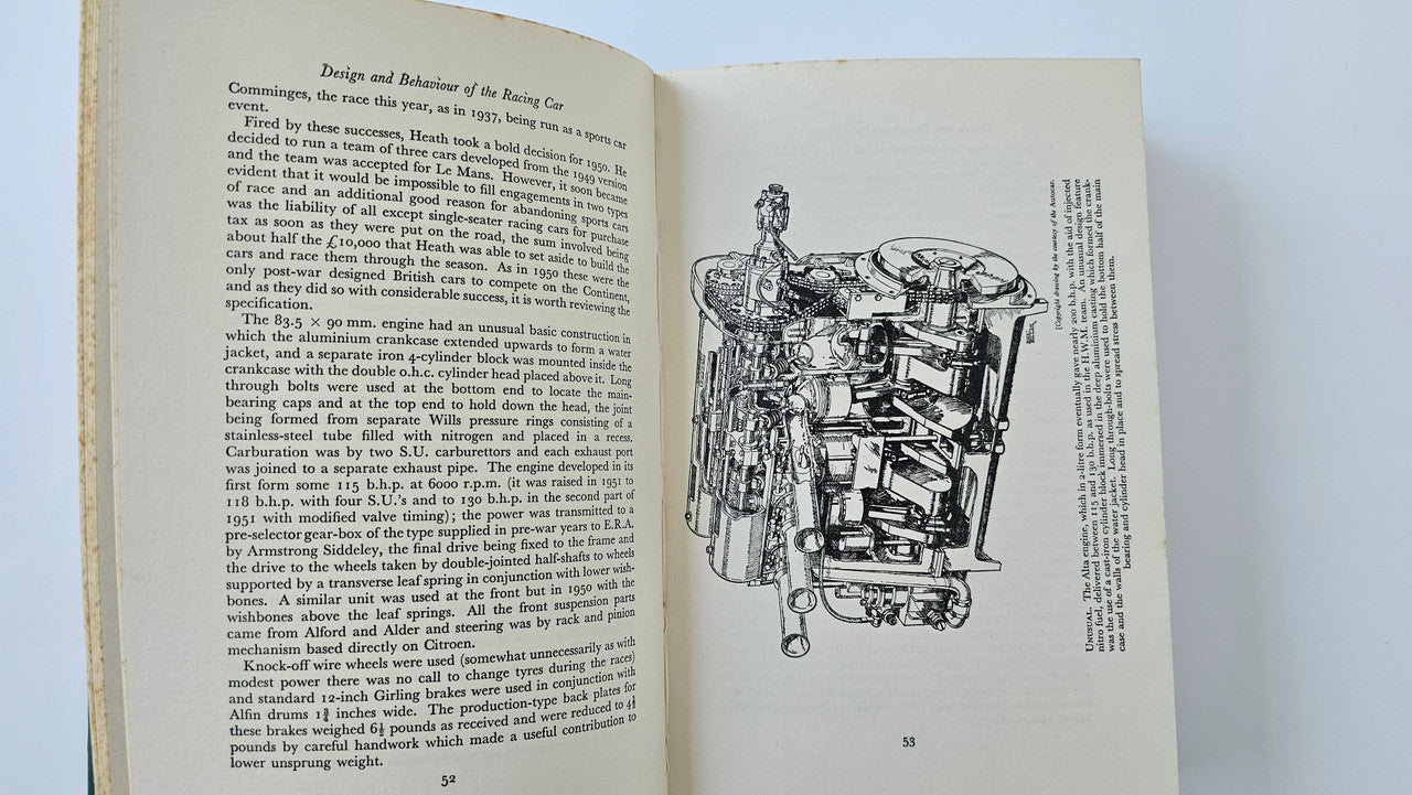Signed racing car design book, open spread with engine diagram and text