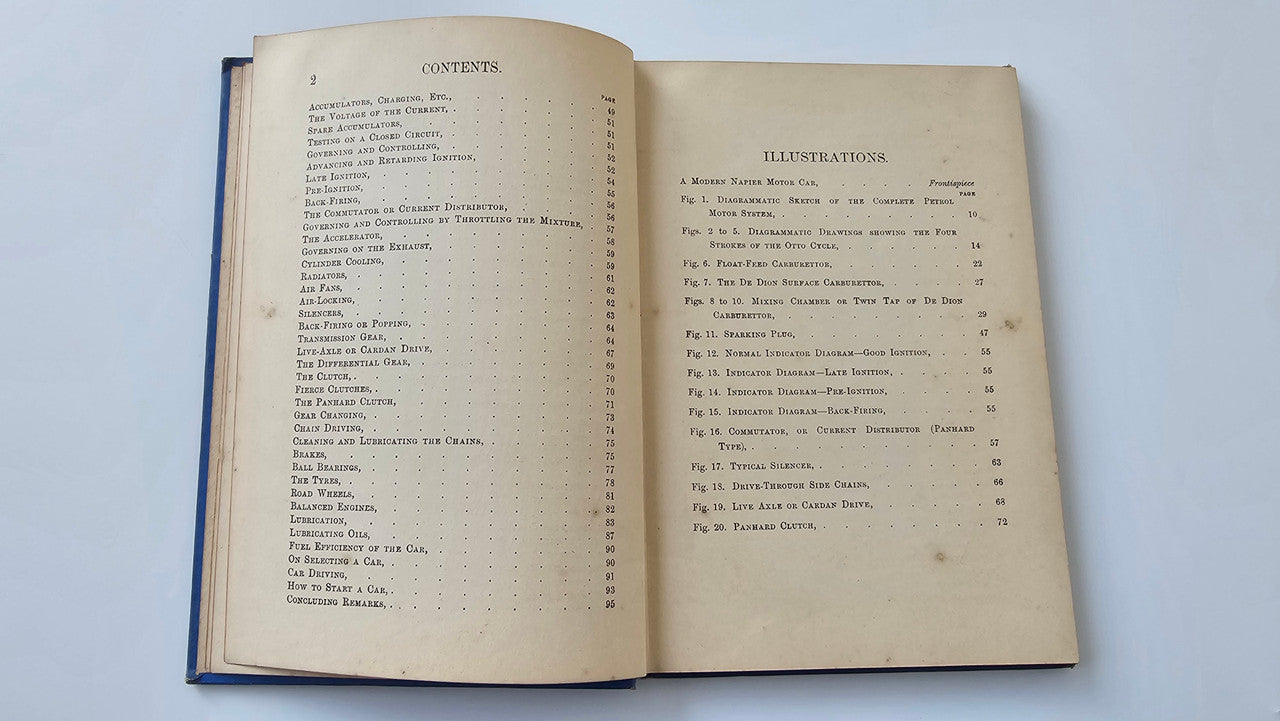 Motors and Motoring book open: 'Contents' and 'Illustrations' listings