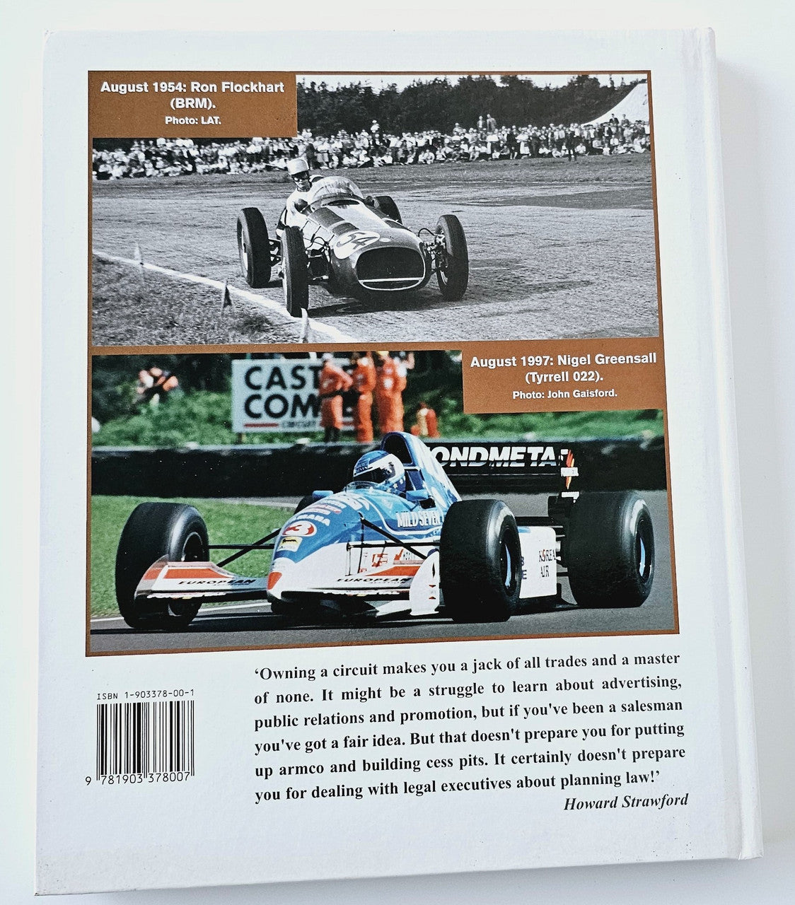 Motorsport history book back cover with racing photos and barcode