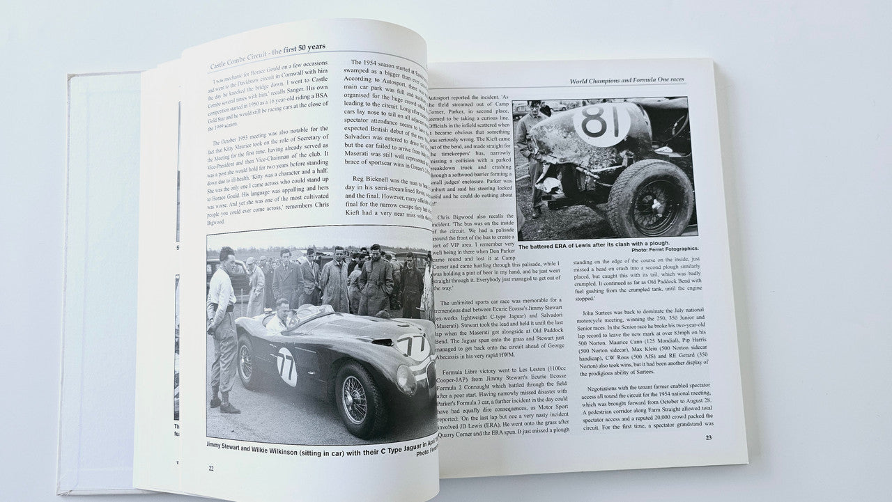 Open book with a race car photo on the left page and dense text on the right