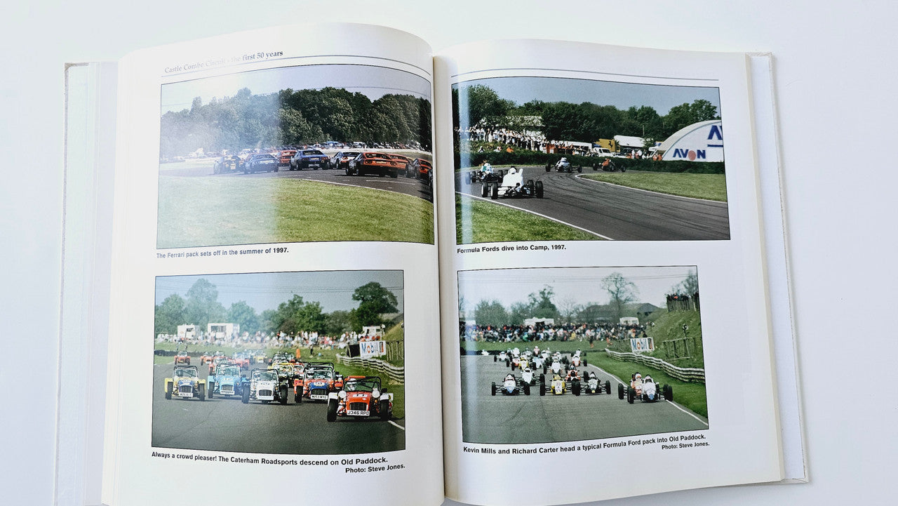 Open book with four color motorsport photos and captions on facing pages