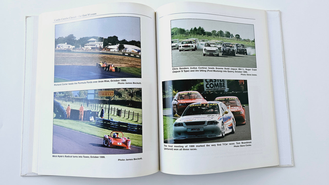 Open book with four color race photos and captions on both pages