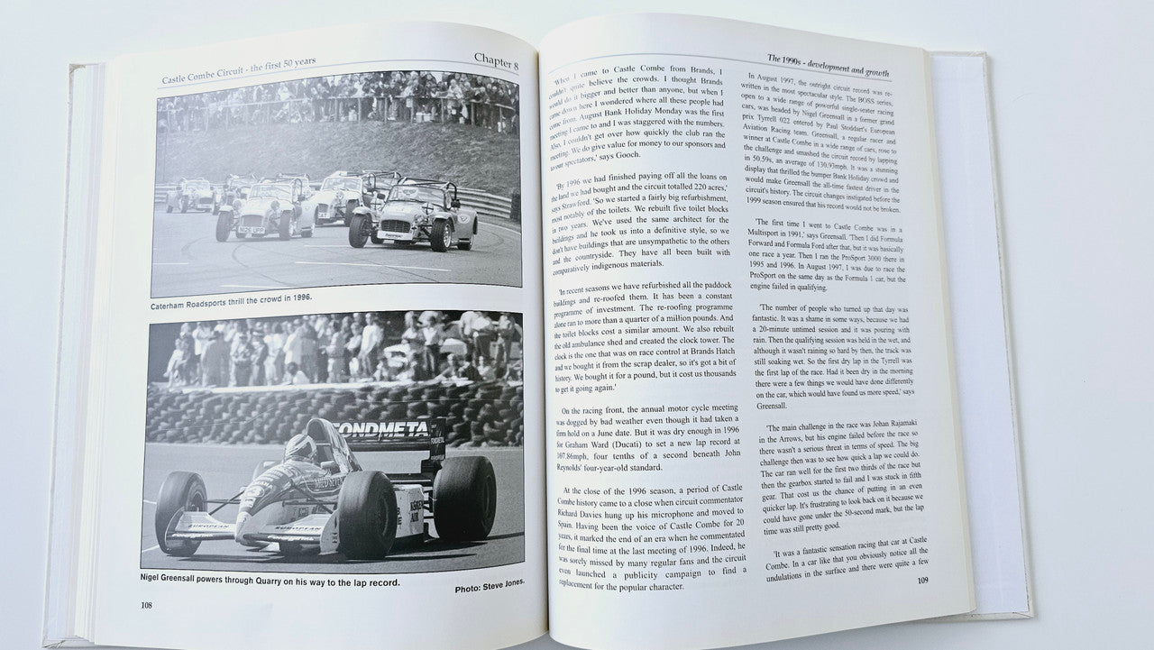 Open book with two stacked black-and-white race car photos and text column